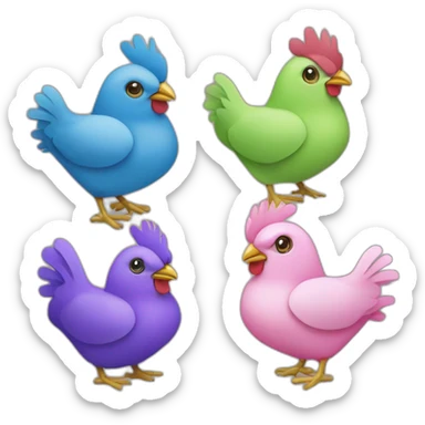Four chickens in differents colors : blue, purple, pink and green sticker