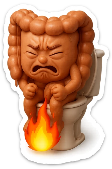 SU QUESTO STILE FAI UN EMOJI STILE IPHONE 3D DI UN INTESTINO CHE sta seduto sul wc e dal wc in mezzo alle sue gambe esce una fiamma stile emoji iphone, FAGLI UN ESPRESSIONE di dolore mentre si sforza E FALLO MOLTO REALISTICO IN 3D sticker