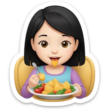 eating food well baby with happy face black hair girl sticker