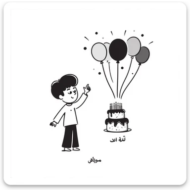 A happy little boy celebrating with a birthday cake with lit candles, balloons and streamers in the background. Include the Persian text at the bottom saying: "امیدرضاجان تولدت مبارک" sticker