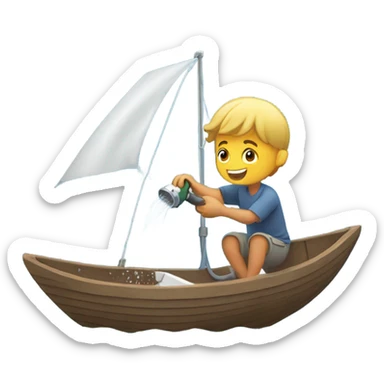 boy pouring water from a hose onto a sailboat  sticker