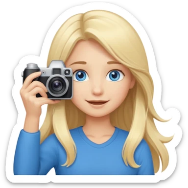  blue eyes blonde girl photographer cartoon taking picture in middle of taking picture camera in front of face long hair smiling funny flash professiona sticker