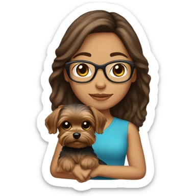 Hispanic, Brown hair, girl with glasses holding tan yorkie dog sticker