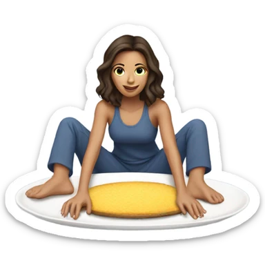 Brunette girl in sweatsuit on top of platter sticker