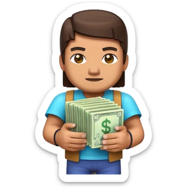 emoji style icon, minecraft blocky character holding a stack of money, pixel art style, bright colors, simple background, 3D glossy emoji, centered composition, soft shadow, high detail, clean outline, white background sticker