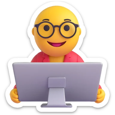 3D smiley emoji, round shape, data entry clerk: sitting in front of computer, wearing glasses, with the text "Adatrögzítő" on it sticker
