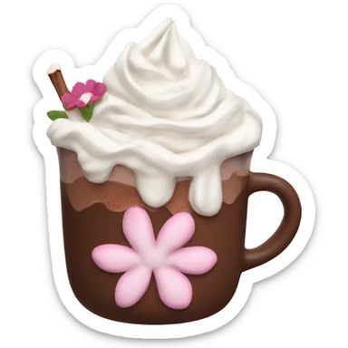 Hot chocolate with pale pink flower and whipped cream sticker