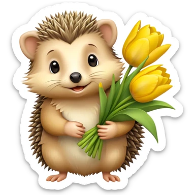 cute hedgehog holding a bouquet of yellow tulips sticker