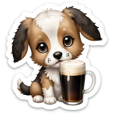 Black Puppy. Jackapoo. White and black face. Black pointy floppy ears. Black circles around eyes. Holding a Guinness.  sticker