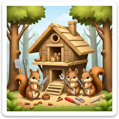 squirrel hut under construction with four workers sticker