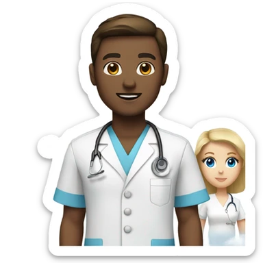 Nurse with blue eyes brown hair and white scrubs and doctor with blonde hair blue eyes and blue scrubs  sticker