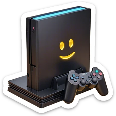 Clash of Clans aesthetic: Cinematic Playful PlayStation 2 Slim Portrait Emoji, rendered in a 3D vector-style similar to standard emojis with minimal shading and bold, simplified shapes. A compact, distinct form with signature details, softly glowing with a cutting-edge console technology charm. Simplified yet unmistakably iconic, highly detailed and consistent, glowing with a soft radiance and high shine. Stylized with a touch of technological advancement and a soft glowing outline, capturing the essence of a beloved gaming relic with a friendly, playful manner! sticker
