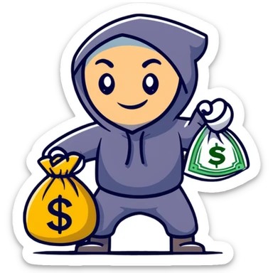 happy thief with a money bag and a big grin sticker