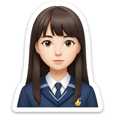 Attractive female student with long straight dark brown hair with bangs, beautiful school uniform, subtle makeup sticker