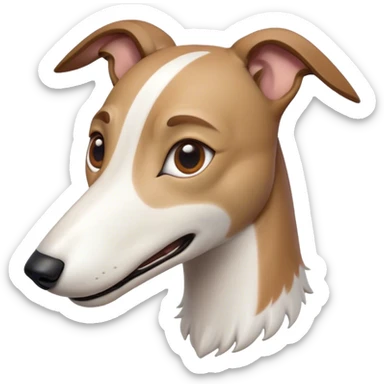 Cinematic Comical White and Brown Greyhound Portrait Emoji, Head tilted dramatically with an exaggeratedly amused expression, featuring a striking white Fur with dynamic brown accents, wide, expressive eyes filled with playful disbelief, Simplified yet hilariously expressive features, highly detailed, glowing with a slightly sassy glow, high shine, dramatic yet playful, stylized with an air of cheeky mischief, bright and endearing, soft glowing outline, capturing the essence of a spirited and over-the-top racer, so meme-worthy it feels like it could side-eye its way into internet fame instantly! sticker