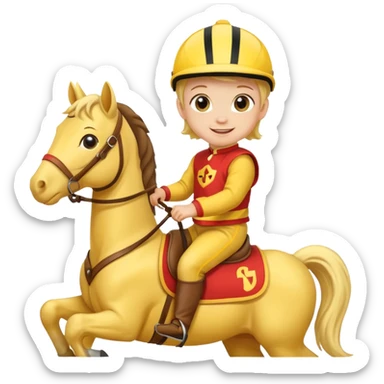 baby riding horse wearing racing cloth yellow sticker