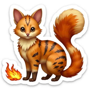 realistic  ember-rust copper fur molten with glowing magma seams and smoky tips beautiful elegant pretty precious cute  Fakémon-Pokémon-opossum-feline-serval-caracal-chinchilla-Furret-Minccino-hybrid-creature with a big fluffy bushy tail (full body) sticker