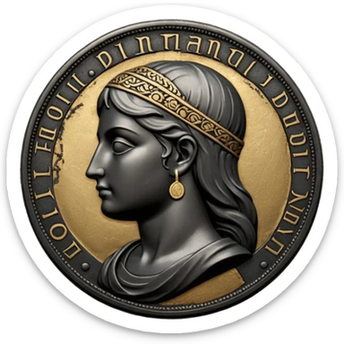 Emoji style, ancient coin made of blackened metal, “FORTUNA” engraved in refined fashion typography, heavy form, subtle worn metal texture, avant-garde editorial aesthetic, no glow, no neon, flat emoji design, centered, transparent background sticker