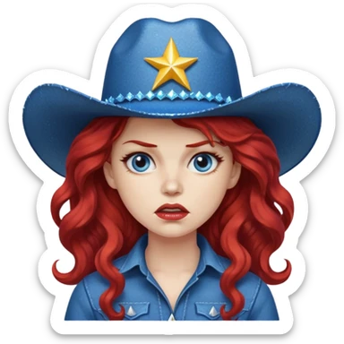 Angry woman with big red wavy hair wearing sparkly blue cowboy hat  sticker