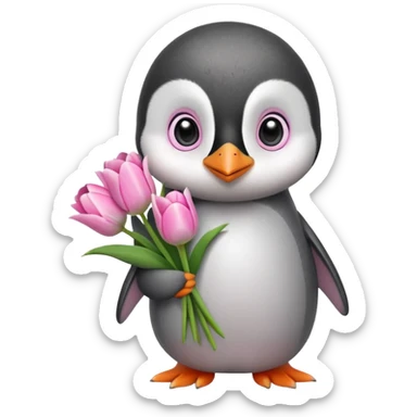 Cute baby penguin holding flower bouquet wraped in white paper and all flowers tulips in pink colour sticker