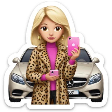a blondie queen Arina in a leopard fur and pink iPhone on her mercedes sticker