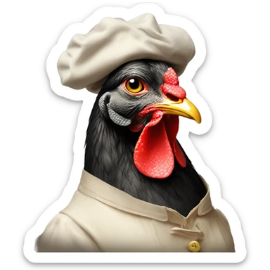 A hen wearing a painter's smock, engrossed in painting a portrait of an elegant French lady sticker