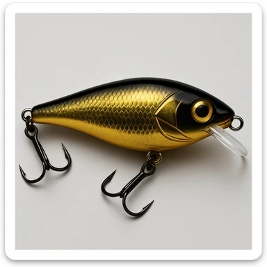 Edit the image of a Rapala fishing lure in side view to have a gold and black colorway, with shiny gold and deep black tones. sticker