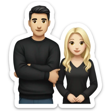 Blonde girl with blue eyes in black sweater and an east asian with light skin man with black hair and black eyes hugging sticker