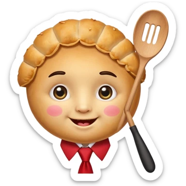 emoji style, happy fried empanada with face, big sparkling eyes, blushing cheeks, two buck teeth, red necktie, holding spatula, thick black outline, golden brown color, very cute and wholesome, transparent backgroun sticker
