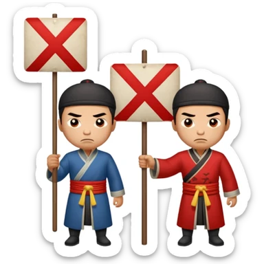 qing empire man who is of han ethnicity who looks angry that is holding a sign that has a red x on it to another man who is not han ethnicity who looks sad sticker