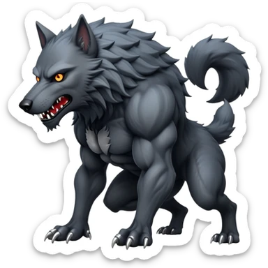 cinematic-noble-fierce-werewolf-full body on all fours-emoji, poised-and-imposing, with a tall, lean, and muscular wolfish frame inspired by the brutal, imposing shape of the beast from Berserk, fur rippling in shades of midnight black and silver, massive paws with razor-sharp claws, elongated limbs and fangs, eyes glowing with an intense, primal ferocity, reflecting the untamed power of the wild moonlit night; rendered with realism like a wolf hunched over battle ready pose ready to attack sticker