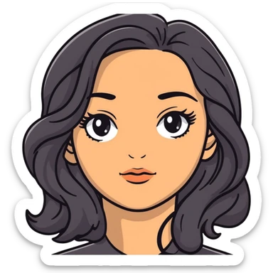 woman face with big grey eyes, medium skin tone, and black wavy hair sticker