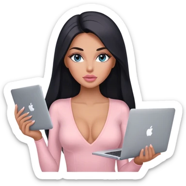 Glamours, tanned, very beautiful girl, with big pump peach-beige-rose lips, long lashes, black straight smooth silky long hair, straight parting hair, blue-grey eyes, in light-pink v-neck bodysuit holding MacBook sticker