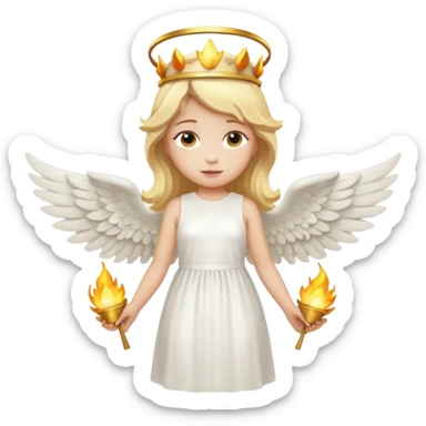 Full-body emoji-style angel: blonde hair, golden flame crown, halo, large wings, white dress, full body visible from head to feet, cute smooth emoji look. sticker