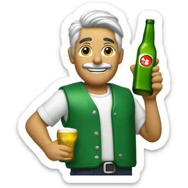 un vendedor con un palo de ciego, un chaleco verde, y tiras de cupones en el chaleco, bebiendose una cerveza sticker