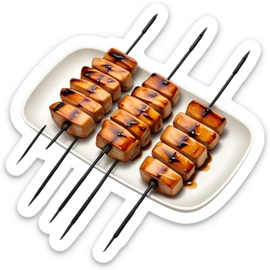 Cinematic Realistic Yakitori Dish Emoji, depicted as skewered, grilled chicken pieces with a charred finish rendered with crisp textures and appetizing, natural lighting. sticker