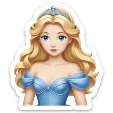 Cinematic Realistic Cute Cinderella Portrait, featuring fair, luminous skin with finely detailed texture and softly lit golden-blonde hair cascading in gentle waves. Her warm, inviting blue eyes sparkle with youthful charm and curiosity, while her classic, elegantly draped ball gown reveals meticulously rendered fabric details and natural folds. The overall composition is bathed in a gentle, realistic radiance that exudes both playfulness and heartfelt beauty. sticker