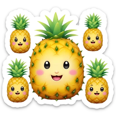 Cute Kawaii Pineapple, tiny and round, bright golden yellow with a spiky green top, chubby cheeks, playful winking expression, soft pastel textures, sweet and tropical vibes! sticker