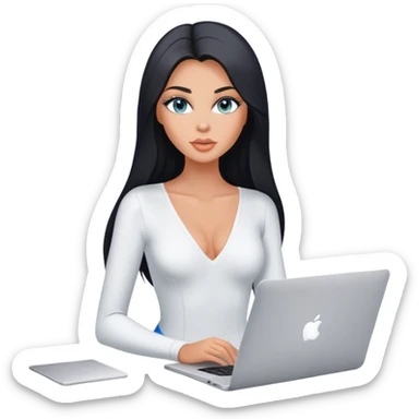 Glamours tanned very beautiful girl with pump peach nude lips and black straight smooth long hair, blue-grey eyes in white v-neck bodysuit with MacBook sticker