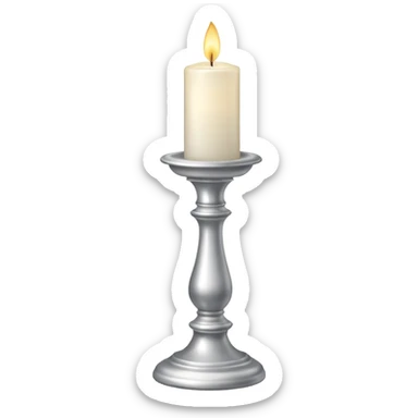 A silver candlestick holding a thick pillar candle glowing warmly. sticker