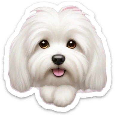 Long haired Coton de Tulear dog with pink harness and pink hair bow, sitting in a pink dog bed sticker