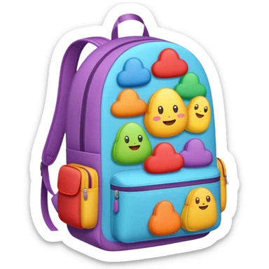 Emoji-style backpack overflowing with clothes, rounded cute shapes, soft shadows, colorful sticker