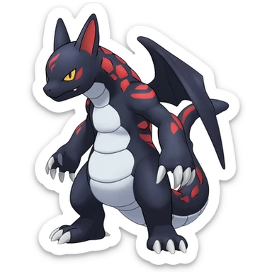 midnight blue-gray-black, with red markings, white belly, scaley Bastet-Noibat-Gatomon-Garchomp-Digimon-Fakémon-Pokémon-creature (full body) sticker