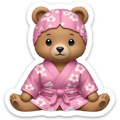 A cute light-brown bear wearing a pastel pink sakura-patterned yukata loosely, normal balanced body ratio.  
Relaxing in a warm hot spring with steam around, a small towel on the head, peaceful happy expression.  simple scenic background with rocks. sticker