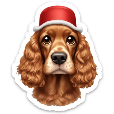 A full-length adult red cocker spaniel in a New Year's cap sticker