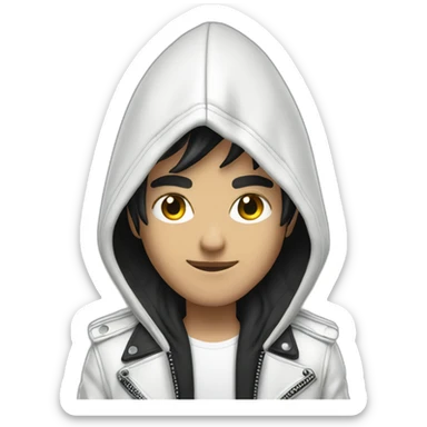 Punk male with hood wear white leather jacket with dark hair sticker