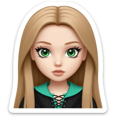 pretty bratz girl, long straight light brown hair, jade green eyes, black eyeliner, pale skin, dark black feminine clothes with laces sticker