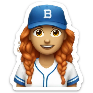 standing up white female coach with long red hair in white t-shirt and with a simple blue baseball hat sticker