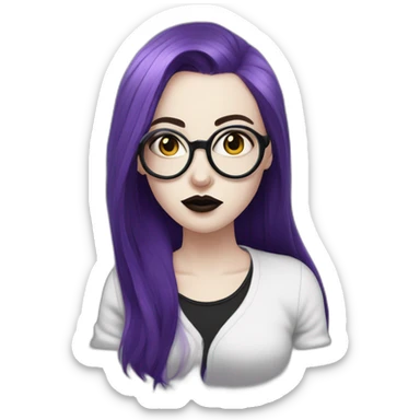 goth woman with long side parted purple hair and oval glasses, pale skin, sticking out tongue sticker