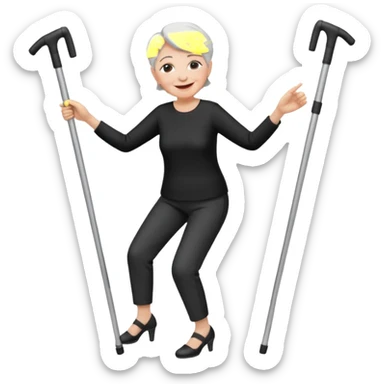 old woman with cutted hair, dressed with pants,  dancing with crutches sticker
